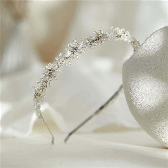 SWEETV Silver Bridal Headband Crystal Tiara for Women Pearl Wedding Headpieces main image 6